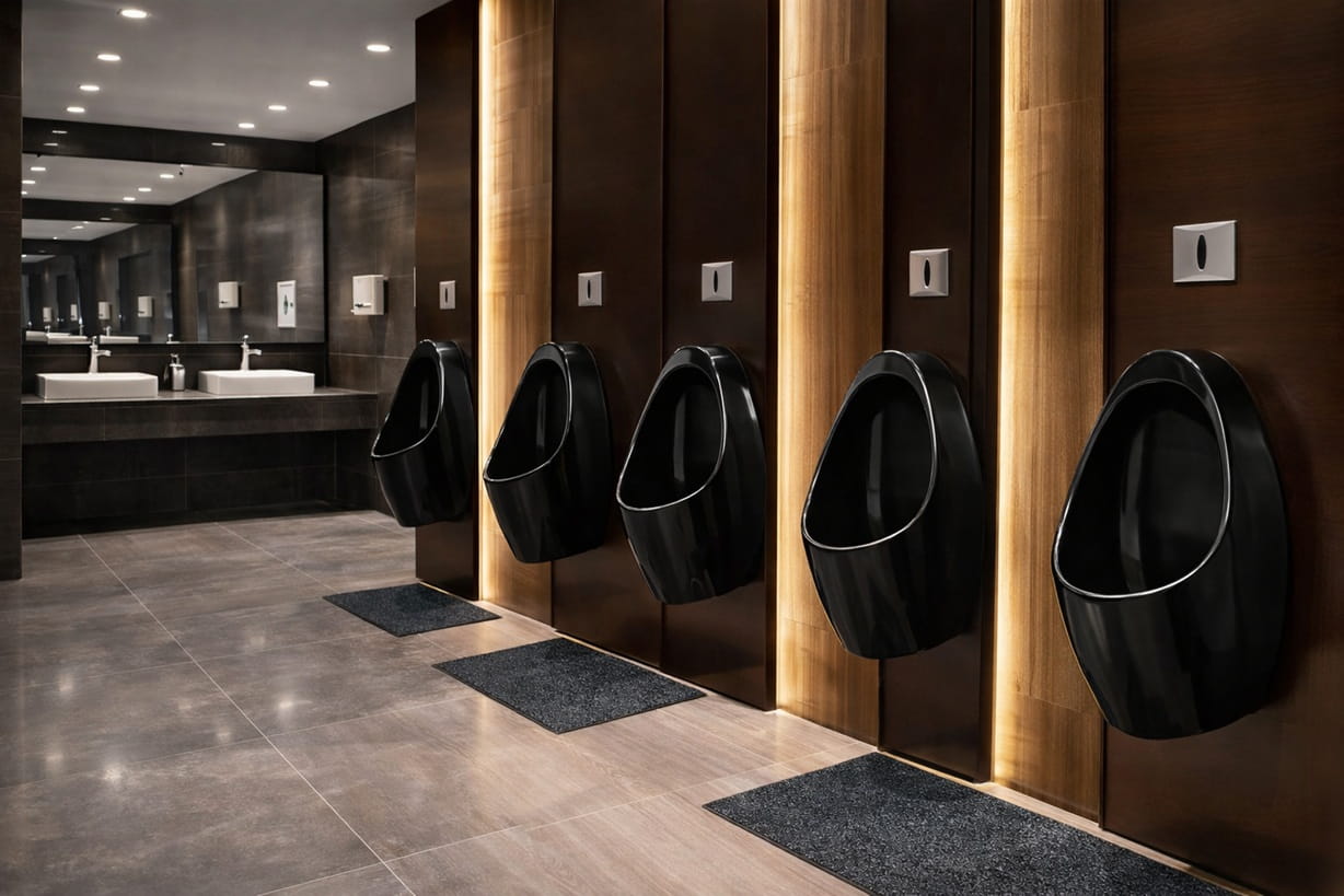 Row of sleek black wall-mounted urinals in a modern luxury men's restroom with wood panel walls and sink area